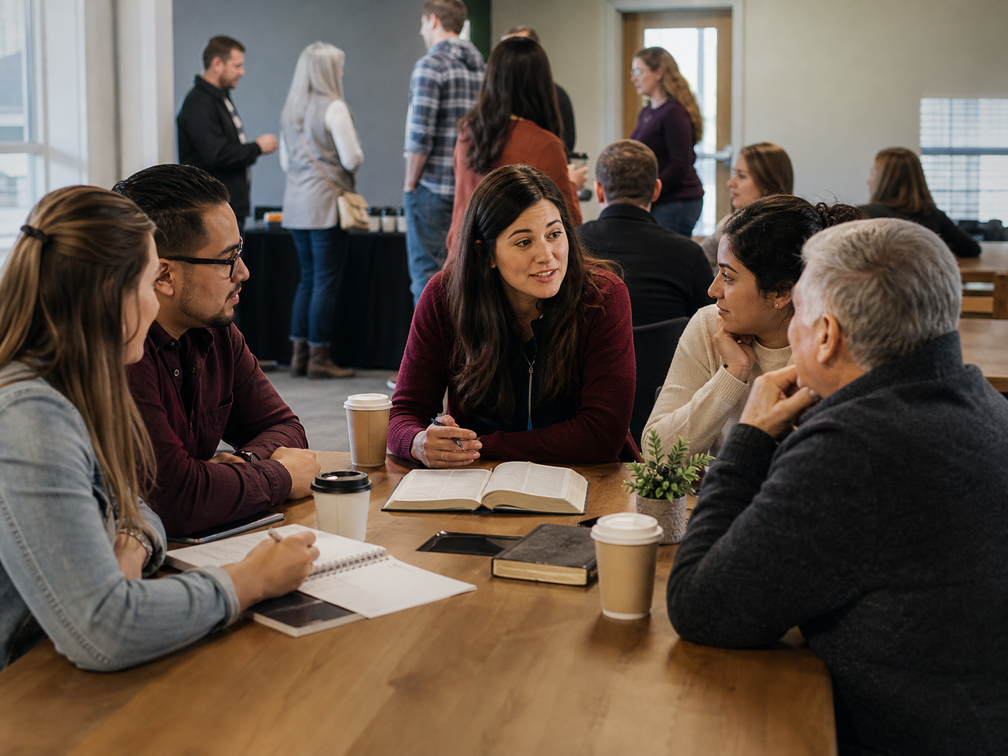 Small group conversation at a local campus event
